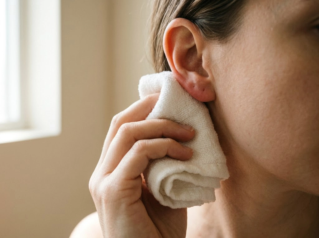 A close-up view from the side of a hand holding a soft, rolled white washcloth against a person's earlobe, under soft natural light (2)