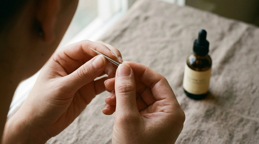 A-close-up-view-of-a-persons-hands-manipulating-a-small-thin-metal-ear-taper-tool-on-a-textured-linen-surface-next-to-an-amber-glass-dropper-bottle