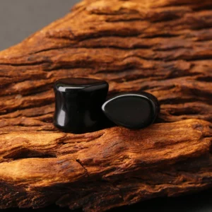 Black Agate Teardrop Ear Gauges
