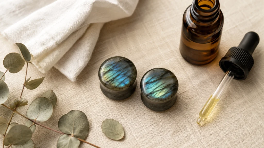 Ear stretching aftercare essentials — natural stone ear plugs, jojoba oil, and a clean cloth on a linen surface