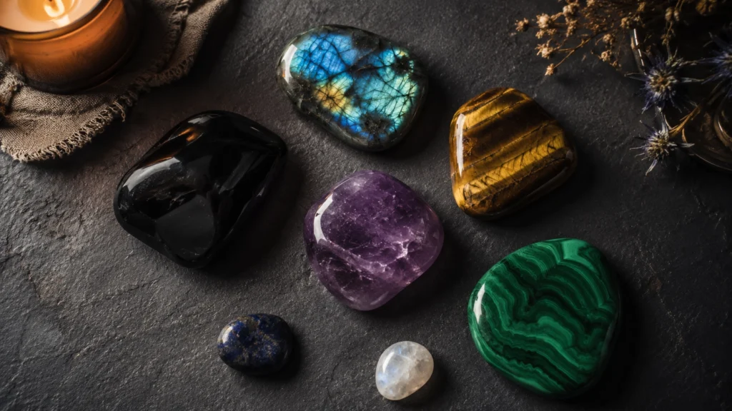 Natural crystal ear plug stones — obsidian, labradorite, tiger's eye, amethyst and malachite — each with unique meaning and energy