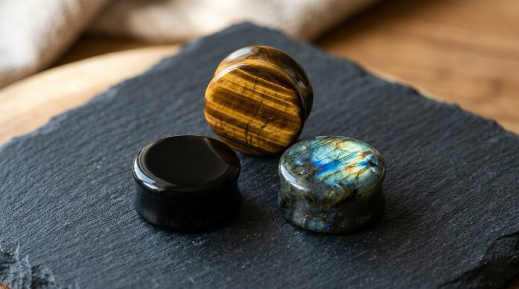 Natural stone ear plugs — obsidian, labradorite, and tiger's eye — showing smooth polished surface finish